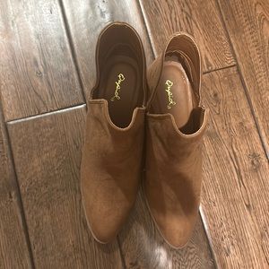 Qupid brand, suede heeled booties with side slits for easy wear. Boutique style.